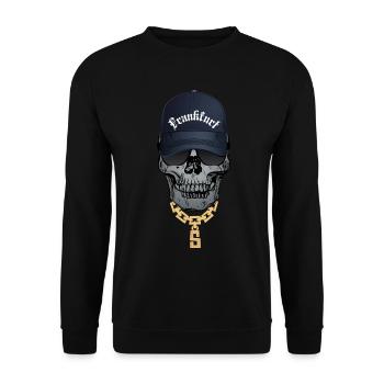 Cooler Totenkopf Hip Hop Style Schrift Frankfurt - Unisex Pullover - Schwarz - Vorne - Alina (178cm) & Michal (187cm)