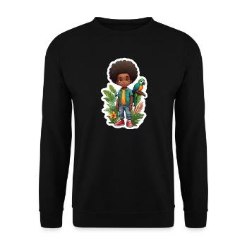 Kind mit Papagei umgeben von tropischer Natur - Unisex Pullover - Schwarz - Vorne - Alina (178cm) & Michal (187cm)