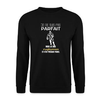 Rugbyspieler, ich bin nicht perfekt. - Unisex Pullover - Schwarz - Vorne - Alina (178cm) & Michal (187cm)
