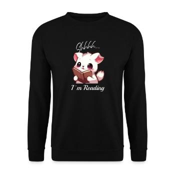 Katze mit Buch - Unisex Pullover - Schwarz - Vorne - Alina (178cm) & Michal (187cm)