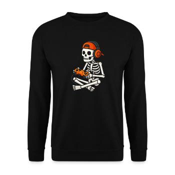 Skelett Gamer in Kopfhörern Halloween - Unisex Pullover - Schwarz - Vorne - Alina (178cm) & Michal (187cm)