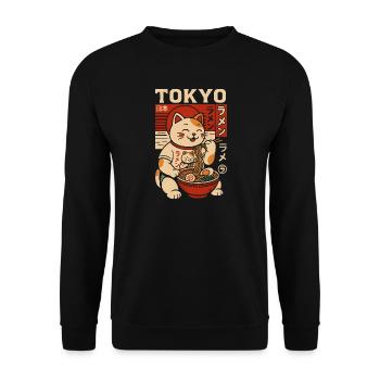 Un chat chanceux mange des ramen à Tokyo - Sweat-shirt Unisexe - noir - Devant - Alina (178cm) & Michal (187cm)