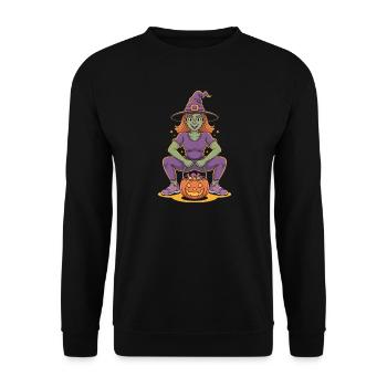 Halloween Hexe Mit Kürbis Und Süßigkeiten - Unisex Pullover - Schwarz - Vorne - Alina (178cm) & Michal (187cm)