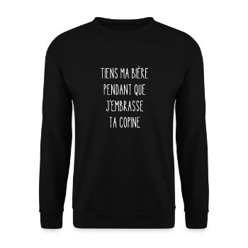 tiens ma bière pendant que j'embrasse ta copine - Sweat-shirt Unisexe - noir - Devant - Alina (178cm) & Michal (187cm)