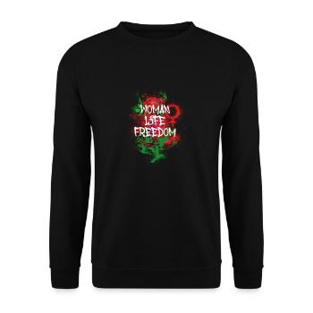 Femme Vie Liberté, Oiseaux,Iran,Fleurs,Graffiti - Sweat-shirt Unisexe - noir - Devant - Alina (178cm) & Michal (187cm)