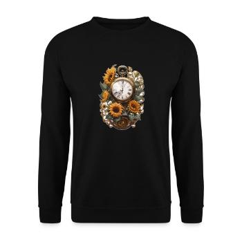 Uhr mit Sonnenblumen - Unisex Pullover - Schwarz - Vorne - Alina (178cm) & Michal (187cm)