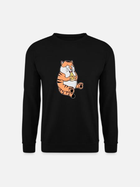 Fat Tiger Eating Pizza Funny Comic Style - Unisex Sweatshirt - black