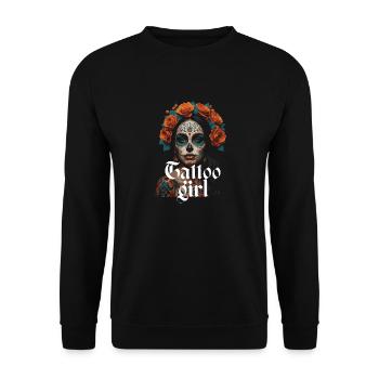Schönes Tattoo Mädchen mit roten Blumen - Unisex Pullover - Schwarz - Vorne - Alina (178cm) & Michal (187cm)