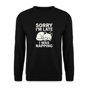 Sorry I'm late I was napping, Katze, Cat - Unisex Pullover - Schwarz - Vorne - Alina (178cm) & Michal (187cm)