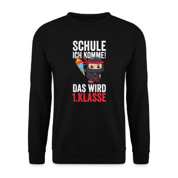 1.Klasse Ninja Erstklässler Geschenk - Unisex Pullover - Schwarz - Vorne - Alina (178cm) & Michal (187cm)