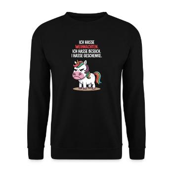 Weihnachtsmuffel Anti Weihnachten Einhorn hasse  - Unisex Pullover - Schwarz - Vorne - Alina (178cm) & Michal (187cm)