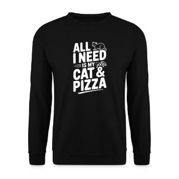 Alles, was ich brauche, ist meine Katze und Pizza - Unisex Pullover - Schwarz - Vorne - Alina (178cm) & Michal (187cm)