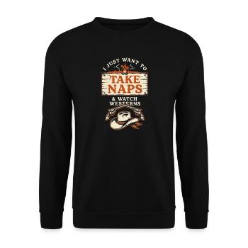 Ich will einfach nur Nickerchen machen und Western retro schauen - Unisex Pullover - Schwarz - Vorne - Alina (178cm) & Michal (187cm)