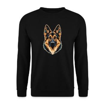 Schäferhund Porträt - Geometrische Hundekunst - Unisex Pullover - Schwarz - Vorne - Alina (178cm) & Michal (187cm)