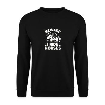 Vorsicht, ich reite Pferde - Unisex Pullover - Schwarz - Vorne - Alina (178cm) & Michal (187cm)
