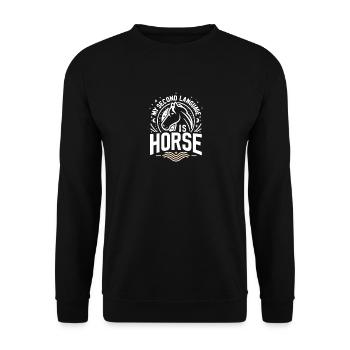 Meine zweite Sprache ist Pferd - Unisex Pullover - Schwarz - Vorne - Alina (178cm) & Michal (187cm)
