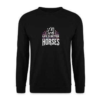 Das Leben ist besser mit Pferden - Unisex Pullover - Schwarz - Vorne - Alina (178cm) & Michal (187cm)