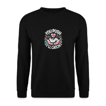 Du schiebst, ich fange - Unisex Pullover - Schwarz - Vorne - Alina (178cm) & Michal (187cm)