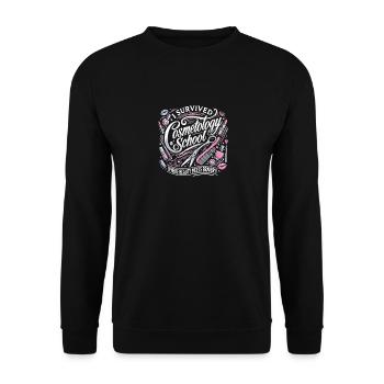 Ich habe die Kosmetikerinnenschule überlebt - Unisex Pullover - Schwarz - Vorne - Alina (178cm) & Michal (187cm)