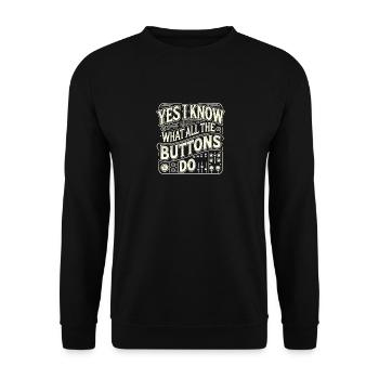 Ja, ich weiß, was die Knöpfe bedeuten - Unisex Pullover - Schwarz - Vorne - Alina (178cm) & Michal (187cm)