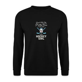 Lass dich vom hübschen Gesicht nicht täuschen, ich - Unisex Pullover - Schwarz - Vorne - Alina (178cm) & Michal (187cm)