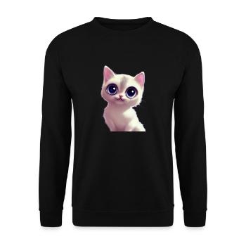 Kleine Weiße Katze mit großen Augen - Unisex Pullover - Schwarz - Vorne - Alina (178cm) & Michal (187cm)