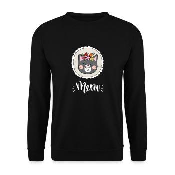 Niedliche Kawaii lustige Katze mit Blumen, die Miauen sagen - Unisex Pullover - Schwarz - Vorne - Alina (178cm) & Michal (187cm)