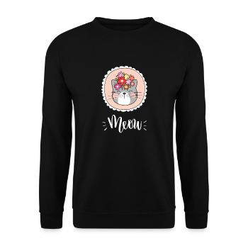 Niedliche Kawaii lustige Katze mit Blumen, die Miauen sagen - Unisex Pullover - Schwarz - Vorne - Alina (178cm) & Michal (187cm)