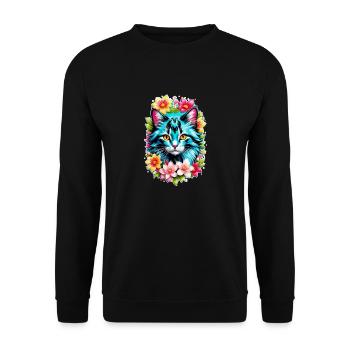 Katze und Blume Aquarell - Unisex Pullover - Schwarz - Vorne - Alina (178cm) & Michal (187cm)