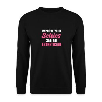 Verbessern Sie Ihre Selfies bei einer Kosmetikerin - Unisex Pullover - Schwarz - Vorne - Alina (178cm) & Michal (187cm)