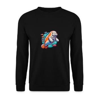 Seekuh mit vielen bunten Fischen - Unisex Pullover - Schwarz - Vorne - Alina (178cm) & Michal (187cm)