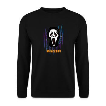 Horrorfilme mit gruseliger Horrormaske ansehen - Unisex Pullover - Schwarz - Vorne - Alina (178cm) & Michal (187cm)