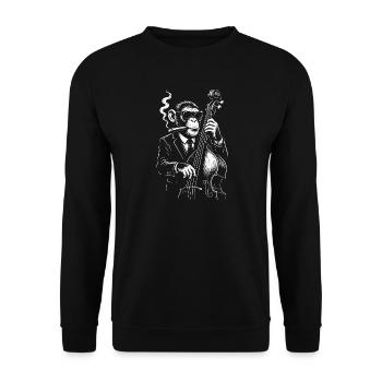 Jazz Chimp im eleganten Anzug am Kontrabass - Unisex Pullover - Schwarz - Vorne - Alina (178cm) & Michal (187cm)