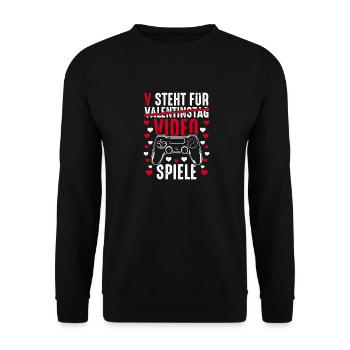 V steht für Video Spiele - Gamer Spruch lustig - Unisex Pullover - Schwarz - Vorne - Alina (178cm) & Michal (187cm)