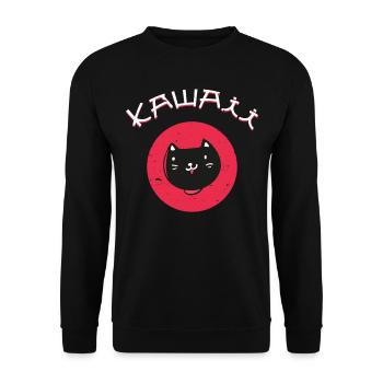Vintage Japanese Cat "Kawaii" Anime T-Shirt - Unisex Pullover - Schwarz - Vorne - Alina (178cm) & Michal (187cm)