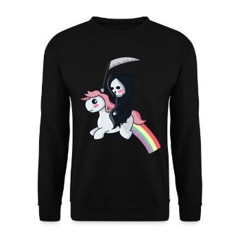 Sensenmann auf einem Einhorn - Unisex Pullover - Schwarz - Vorne - Alina (178cm) & Michal (187cm)