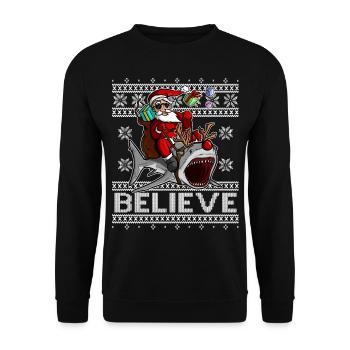 BELIEVE - Santa Claus riding Shark - Unisex Pullover - Schwarz - Vorne - Alina (178cm) & Michal (187cm)