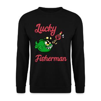 Gluecklicher Angler Angeln Fisch Fischen Geschenk - Unisex Pullover - Schwarz - Vorne - Alina (178cm) & Michal (187cm)