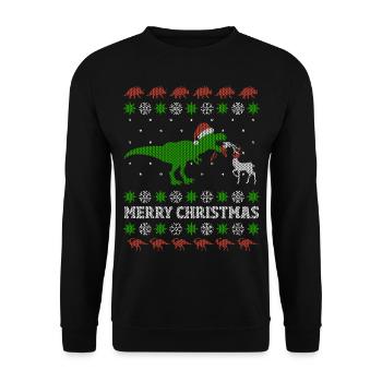 Lustiges T-Rex Ugly Christmas Weihnachtsgeschenk - Unisex Pullover - Schwarz - Vorne - Alina (178cm) & Michal (187cm)