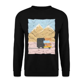 RV Wohnwagen vor Bergen Freiheit Geschenk - Unisex Pullover - Schwarz - Vorne - Alina (178cm) & Michal (187cm)