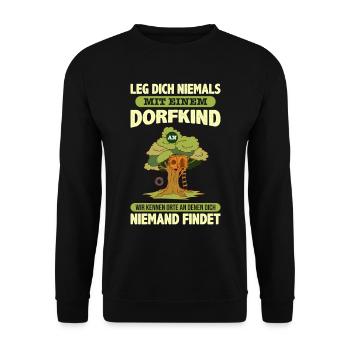Dorfkind Dorfkindheit Kindheitsmotiv Dorfleben - Unisex Pullover - Schwarz - Vorne - Alina (178cm) & Michal (187cm)