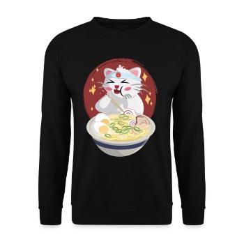Katze isst Nudeln - Unisex Pullover - Schwarz - Vorne - Alina (178cm) & Michal (187cm)