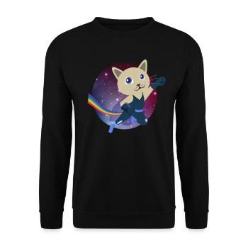 Süße Katze Superheld Weltall Schweben Mieze - Unisex Pullover - Schwarz - Vorne - Alina (178cm) & Michal (187cm)