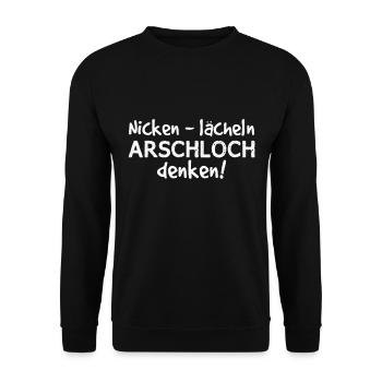 Nicken Lächeln Arschloch denken! | Party Geschenk - Unisex Pullover - Schwarz - Vorne - Alina (178cm) & Michal (187cm)