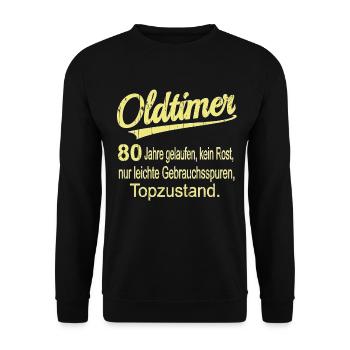 Oldtimer 80 Jahre - Lustiges Geburtstags Geschenk - Unisex Pullover - Schwarz - Vorne - Alina (178cm) & Michal (187cm)