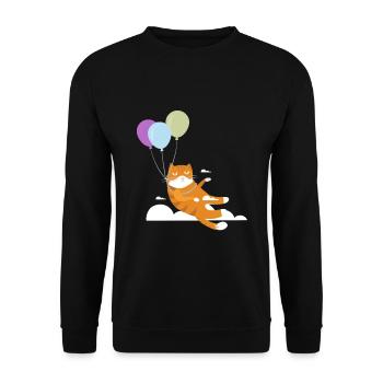 Lustige Katze Kater Miau Fliegt Mit Ballon - Unisex Pullover - Schwarz - Vorne - Alina (178cm) & Michal (187cm)