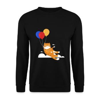 Lustige Katze Kater Miau Fliegt Mit Ballon - Unisex Pullover - Schwarz - Vorne - Alina (178cm) & Michal (187cm)