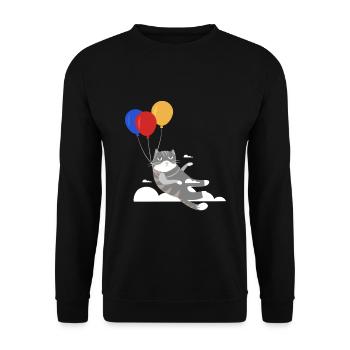 Lustige Katze Kater Miau Fliegt Mit Ballon - Unisex Pullover - Schwarz - Vorne - Alina (178cm) & Michal (187cm)