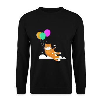 Lustige Katze Kater Miau Fliegt Mit Ballon - Unisex Pullover - Schwarz - Vorne - Alina (178cm) & Michal (187cm)