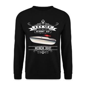 Urlaub beginnt auf meinem Boot Geschenkidee - Unisex Pullover - Schwarz - Vorne - Alina (178cm) & Michal (187cm)